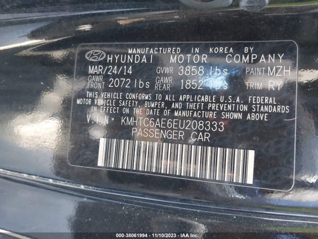 2014 HYUNDAI VELOSTER TURBO W/BLACK VIN: KMHTC6AE6EU208333