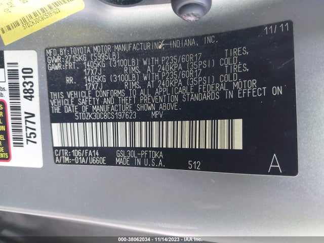2012 TOYOTA SIENNA BASE V6 7 PASSENGER VIN: 5TDZK3DC8CS197623