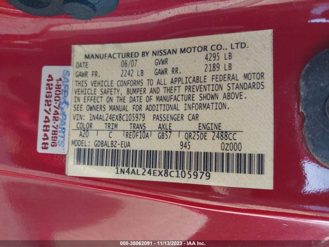 2008 NISSAN ALTIMA 2.5 S VIN: 1N4AL24EX8C105979