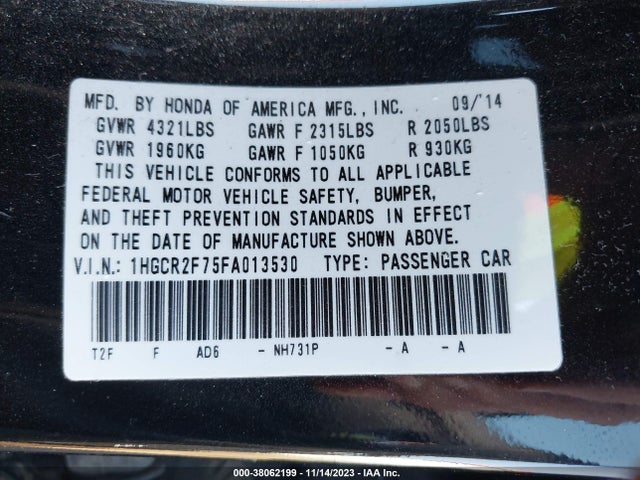 Honda ACCORD EX 2015 1HGCR2F75FA013530 Image 9