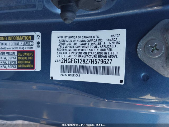 2007 HONDA CIVIC EX VIN: 2HGFG12827H579627