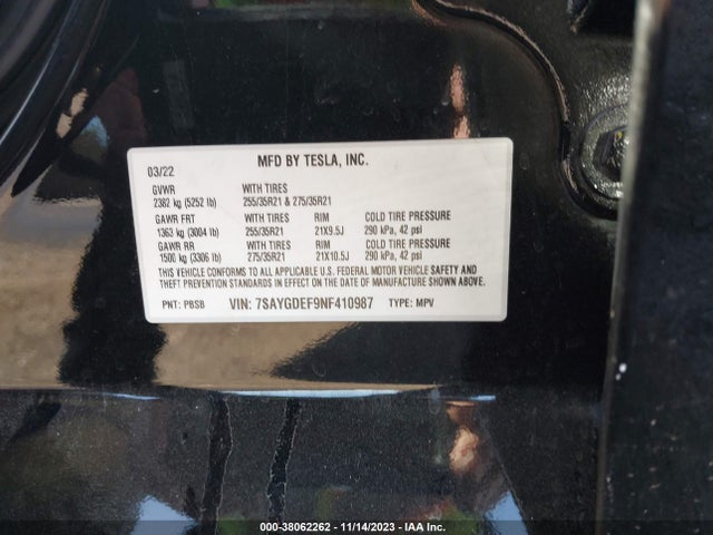 2022 TESLA MODEL Y PERFORMANCE DUAL MOTOR ALL-WHEEL DRIVE VIN: 7SAYGDEF9NF410987