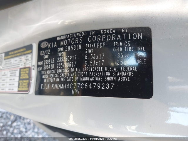 2012 KIA SEDONA EX VIN: KNDMH4C77C6479237