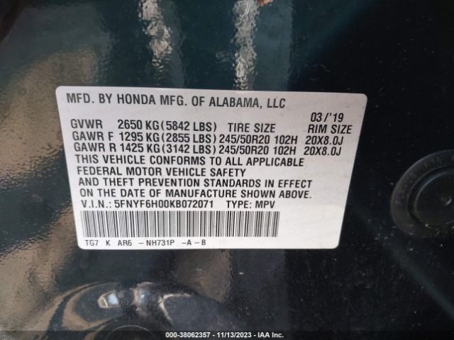 5FNYF6H00KB072071 Honda Pilot Elite
