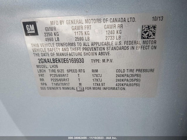 Chevrolet EQUINOX 1LT 2014 2GNALBEK0E6169930 Image 9