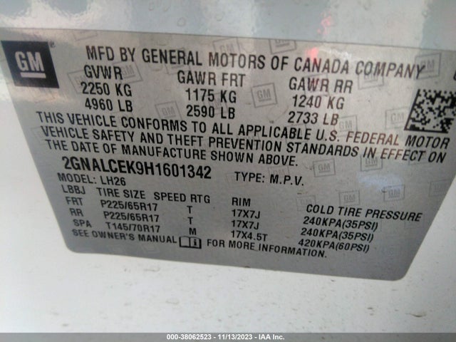 Chevrolet EQUINOX LT 2017 2GNALCEK9H1601342 Image 9
