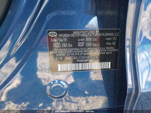 2019 HYUNDAI ELANTRA SEL VIN: 5NPD84LFXKH475274