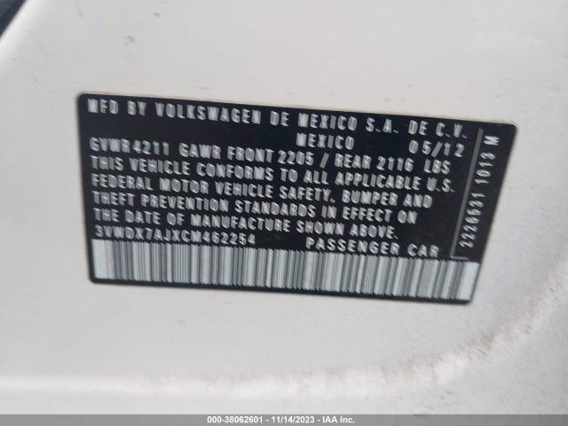 2012 VOLKSWAGEN JETTA 2.5L SE VIN: 3VWDX7AJXCM462254