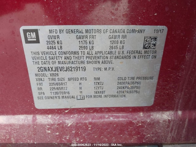 Chevrolet EQUINOX LT 2018 2GNAXJEV8J6219119 Image 9
