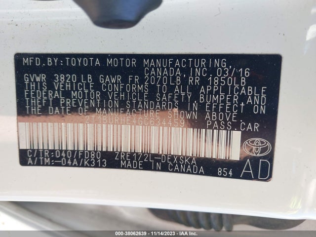 2016 TOYOTA COROLLA S PLUS VIN: 2T1BURHE4GC634459