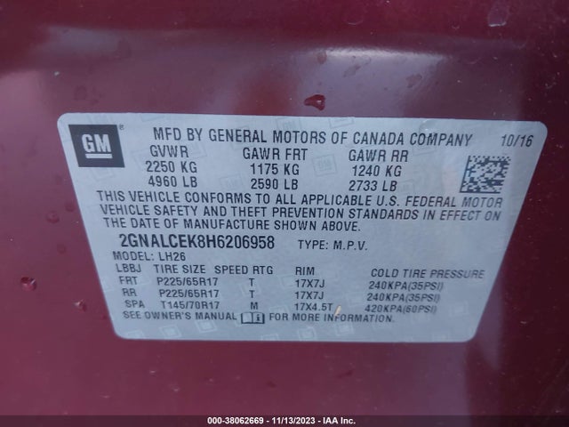 Chevrolet EQUINOX LT 2017 2GNALCEK8H6206958 Image 9
