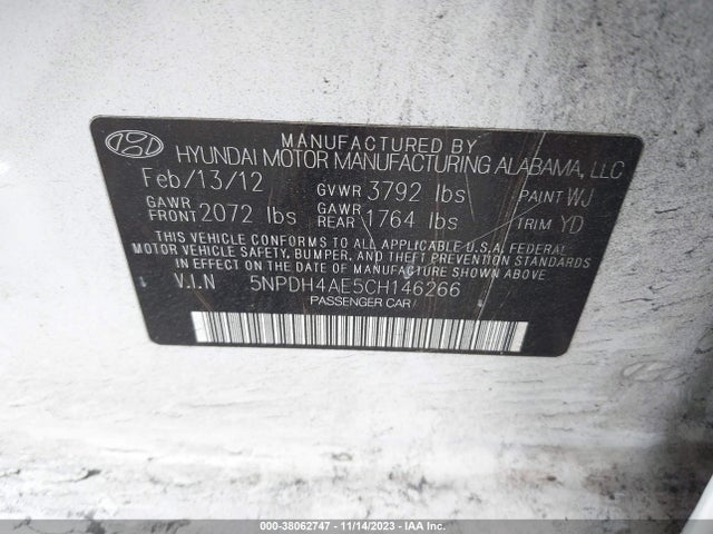2012 HYUNDAI ELANTRA GLS VIN: 5NPDH4AE5CH146266