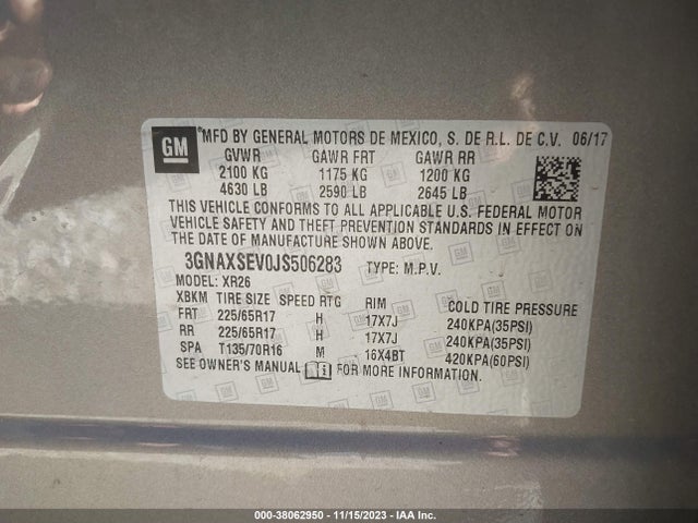 3GNAXSEV0JS506283 Chevrolet EQUINOX LT