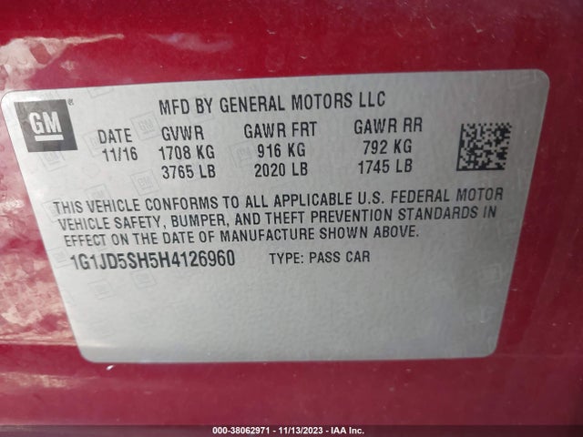 Chevrolet Sonic Lt Auto 2017 1G1JD5SH5H4126960 Image 9