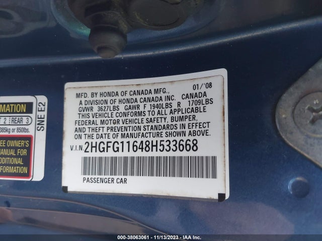 2008 HONDA CIVIC LX VIN: 2HGFG11648H533668