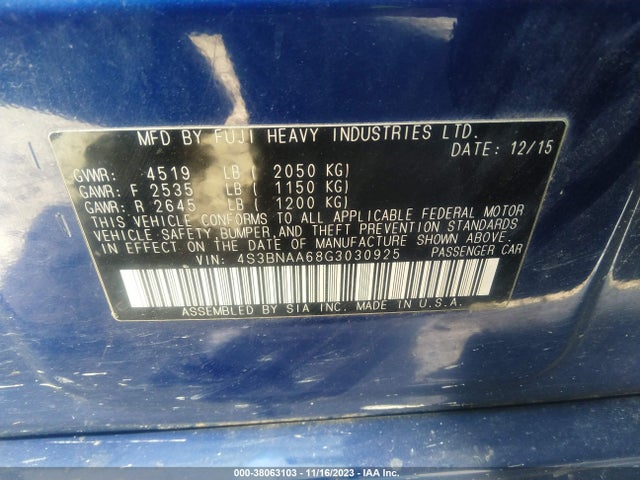 2016 SUBARU LEGACY 2.5I VIN: 4S3BNAA68G3030925