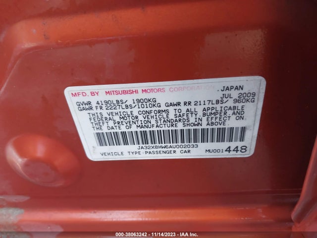 2010 MITSUBISHI LANCER SPORTBACK GTS VIN: JA32X8HW6AU002033