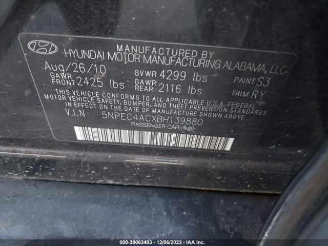 2011 HYUNDAI SONATA SE VIN: 5NPEC4ACXBH139880