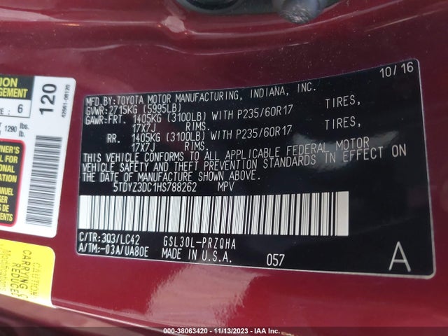 2017 TOYOTA SIENNA XLE 8 PASSENGER VIN: 5TDYZ3DC1HS788262
