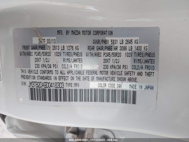 2013 MAZDA CX-9 GRAND TOURING VIN: JM3TB2DA9D0418303