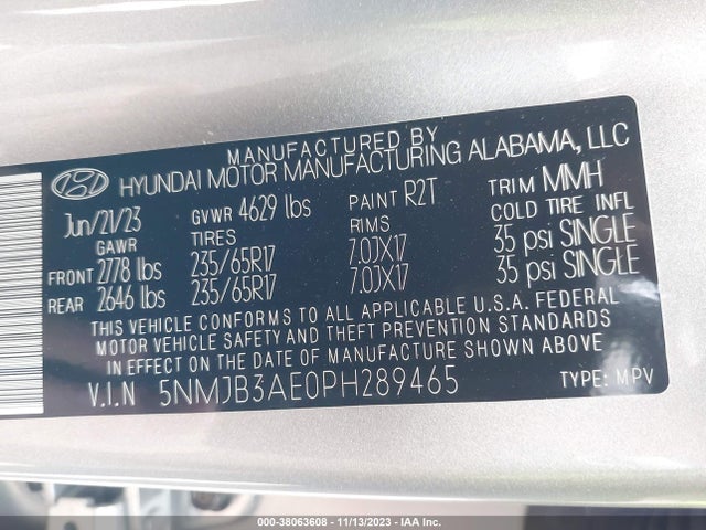 2023 HYUNDAI TUCSON SEL VIN: 5NMJB3AE0PH289465