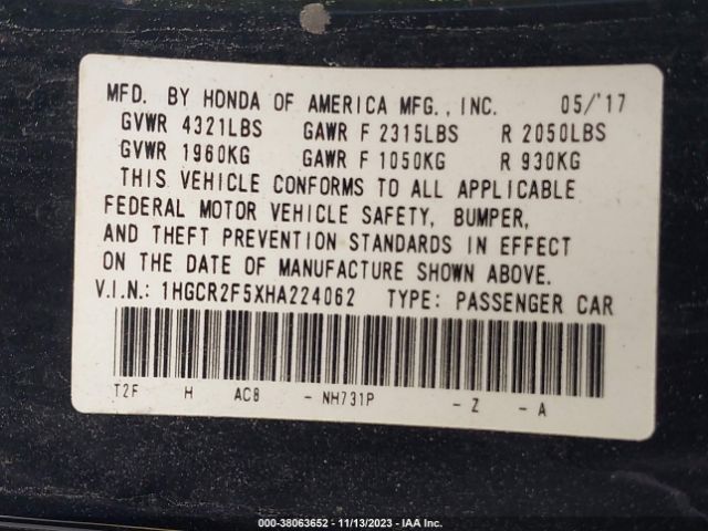 1HGCR2F5XHA224062 Honda Accord Sport