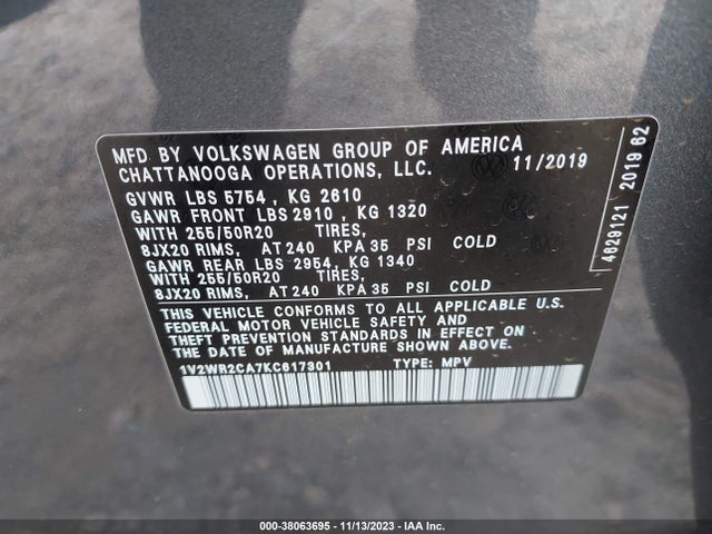 1V2WR2CA7KC617301 Volkswagen Atlas 3.6l V6 Se W/technology