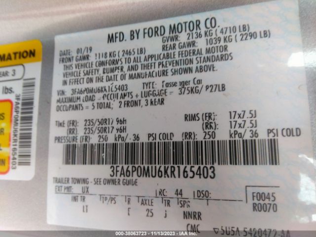3FA6P0MU6KR165403 Ford Fusion Hybrid Sel