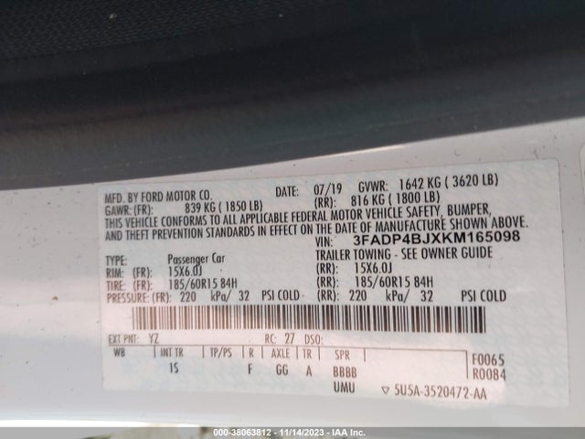 2019 FORD FIESTA SE VIN: 3FADP4BJXKM165098