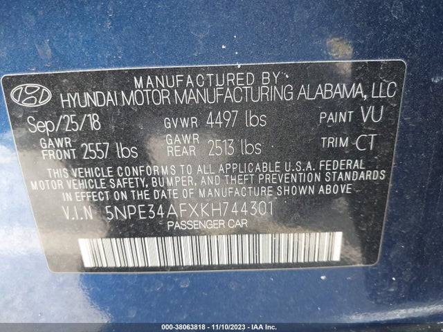 2019 Hyundai Sonata Sport მანქანა იყიდება აუქციონზე, vin: 5NPE34AFXKH744301, აუქციონის ნომერი: 38063818