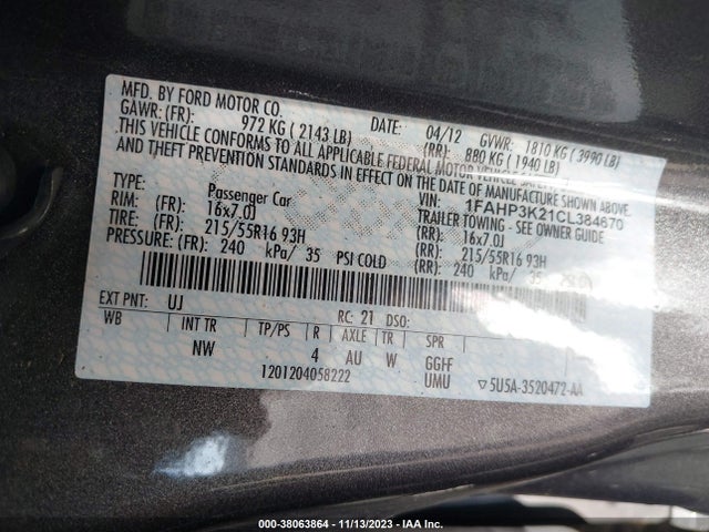 2012 FORD FOCUS SE VIN: 1FAHP3K21CL384670