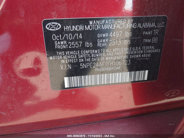 2015 HYUNDAI SONATA SE VIN: 5NPE24AF1FH106723