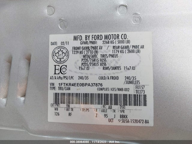 2011 FORD RANGER SPORT VIN: 1FTKR4EE0BPA37876