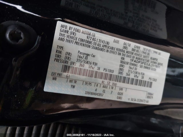 2018 FORD FOCUS SE VIN: 1FADP3FE3JL311851