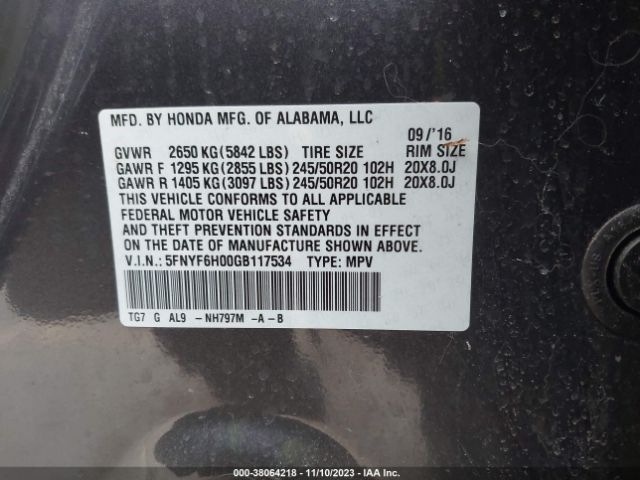5FNYF6H00GB117534 Honda Pilot Elite