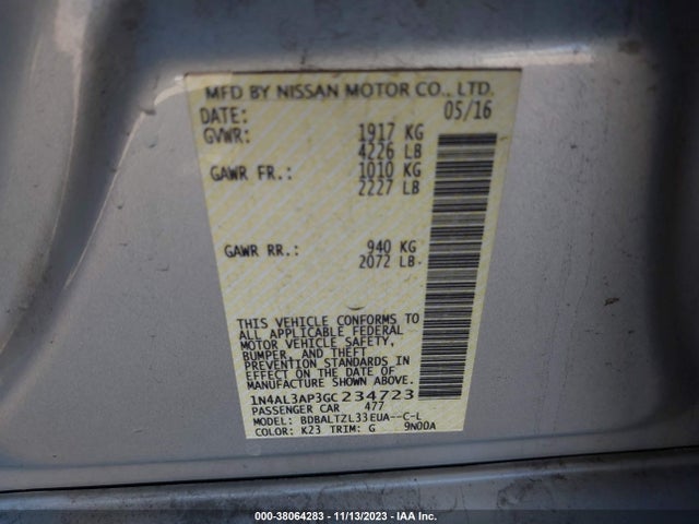 2016 NISSAN ALTIMA 2.5 SL VIN: 1N4AL3AP3GC234723