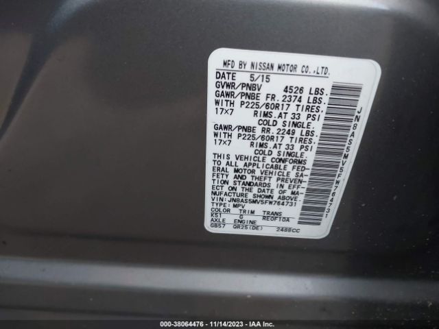 JN8AS5MV5FW764731 Nissan Rogue Select S