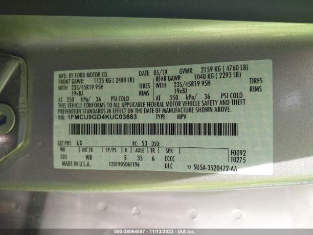 2019 FORD ESCAPE 1FMCU9GD4KUC03883 Photo 8