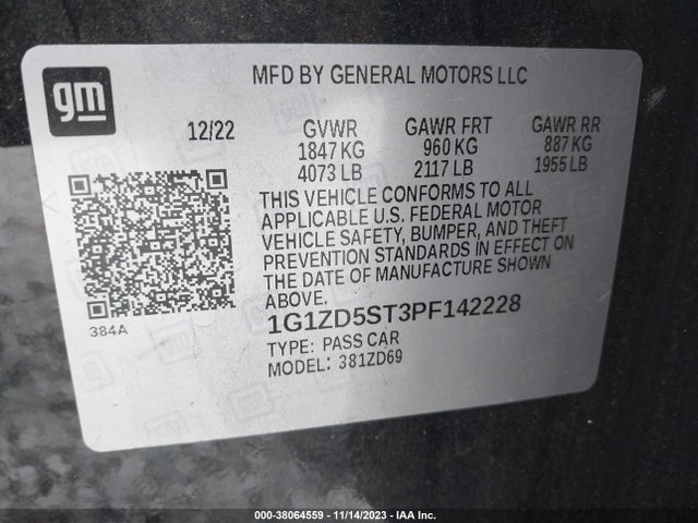 1G1ZD5ST3PF142228 Chevrolet Malibu Fwd 1lt