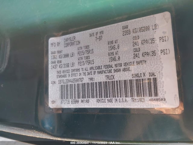 1998 DODGE DAKOTA SLT/SPORT VIN: 1B7GL22X4WS500767