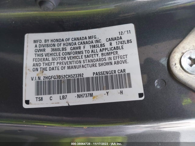 2012 HONDA CIVIC LX VIN: 2HGFG3B52CH523392