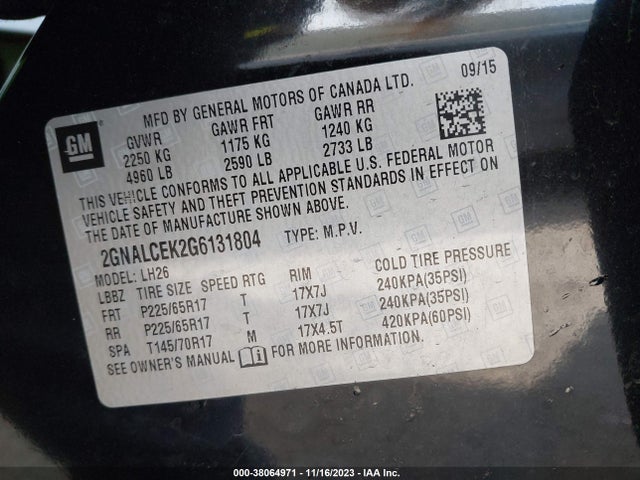 Chevrolet EQUINOX LT 2016 2GNALCEK2G6131804 Image 9