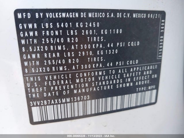 2021 VOLKSWAGEN TIGUAN 2.0T SE R-LINE BLACK/2.0T SEL/2.0T SE VIN: 3VV2B7AX5MM136703