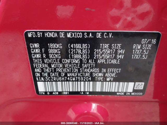 3CZRU6H74GM759204 Honda Hr-v Ex-l
