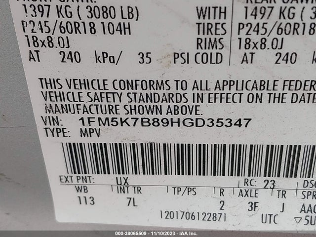 2017 FORD EXPLORER BASE VIN: 1FM5K7B89HGD35347