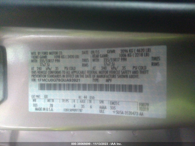 Ford ESCAPE SE 2016 1FMCU0G78GUA93921 Image 9