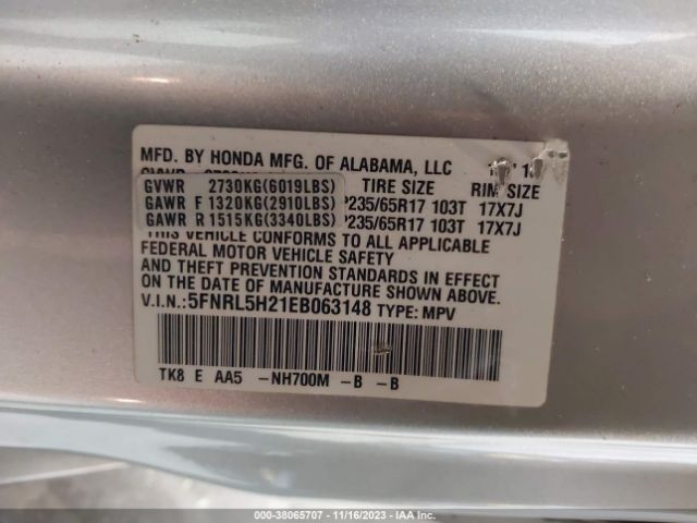 5FNRL5H21EB063148 Honda ODYSSEY LX