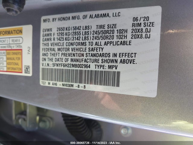 2021 HONDA PILOT AWD SPECIAL EDITION VIN: 5FNYF6H22MB002964