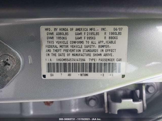 2007 HONDA ACCORD 2.4 LX VIN: 1HGCM55457A147284