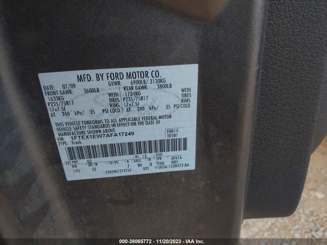 2010 FORD F-150 XL VIN: 1FTEX1EW7AFA17249
